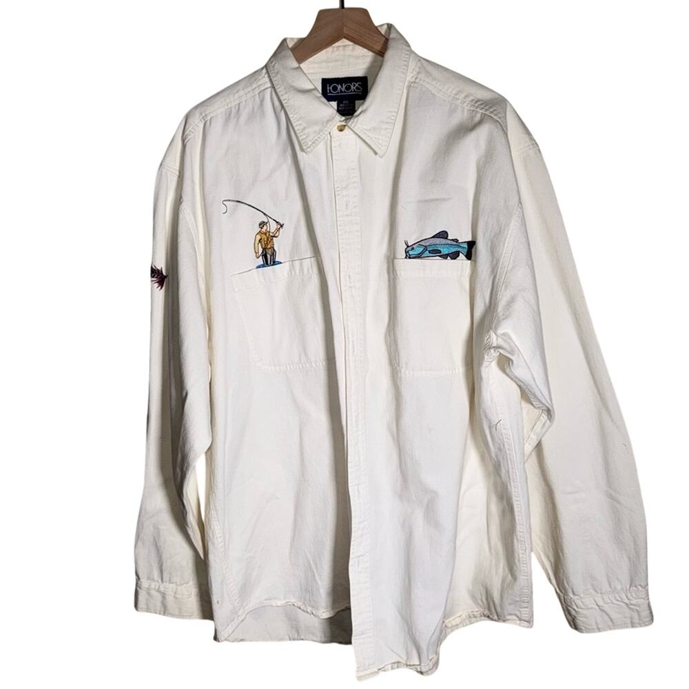 VINTAGE HONORS embroidered fly fishing gathers day gift oversized button down 2X